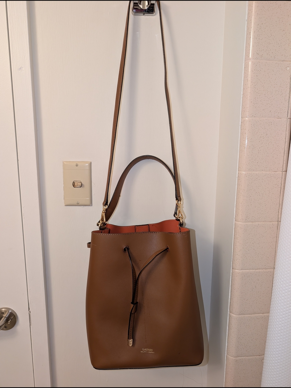 Lauren Ralph Lauren Brown Leather Bucket Bag with Orange Lining